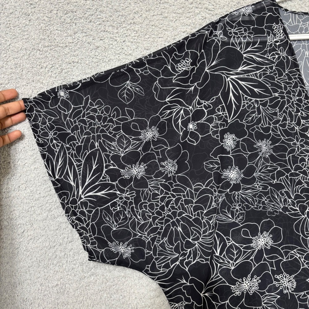 Lightweight Sheer Layering Kimono Floral Black White Open Front Flowing Top XXXL - Picture 5 of 10